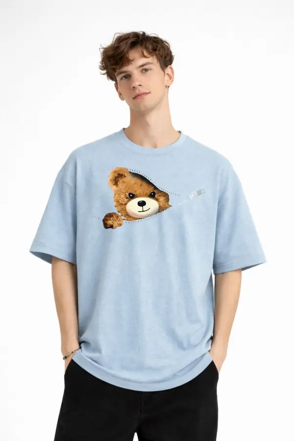 MN - Bear Baskılı Oversize Tişört AÇIK MAVİ MN - Bear Baskılı Oversize Tişört AÇIK MAVİ