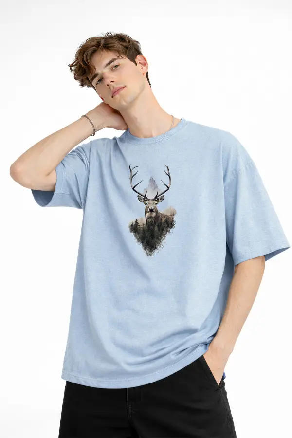 Deer - Oversize Erkek Tişört Bebek Mavisi Deer - Oversize Erkek Tişört Bebek Mavisi