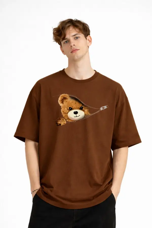 MN - Bear Baskılı Oversize Tişört KAHVE MN - Bear Baskılı Oversize Tişört KAHVE