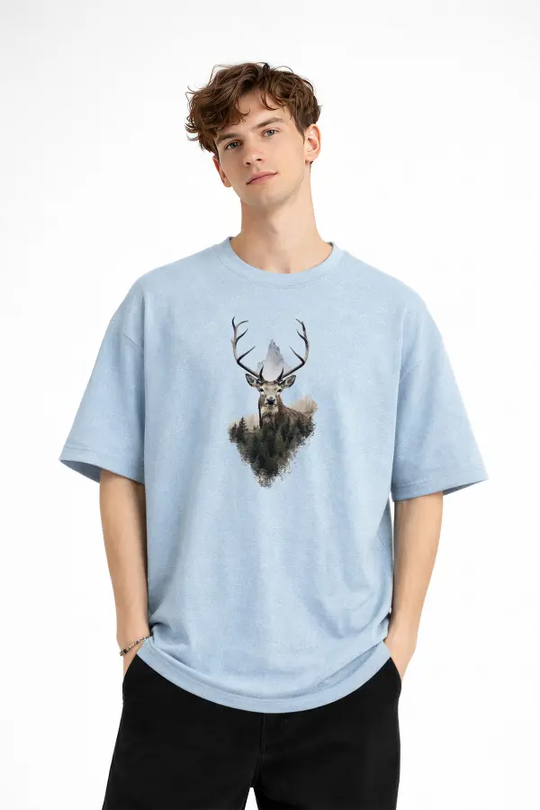 Deer - Oversize Erkek Tişört Bebek Mavisi Deer - Oversize Erkek Tişört Bebek Mavisi