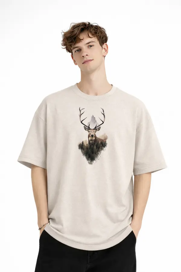 Deer - Oversize Erkek Tişört BEJ Deer - Oversize Erkek Tişört BEJ