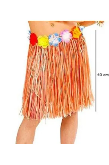Yetişkin ve Çocuk Uyumlu Turuncu Renk Püsküllü Hawaii Luau Hula Etek 40 cm