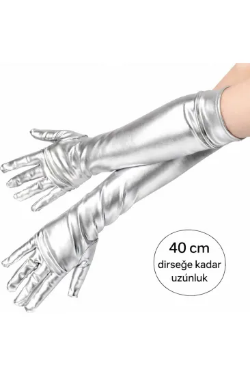 Gümüş Renk Dirsek Altı Lüks Saten Eldiven 40 cm Gümüş Renk Dirsek Altı Lüks Saten Eldiven 40 cm