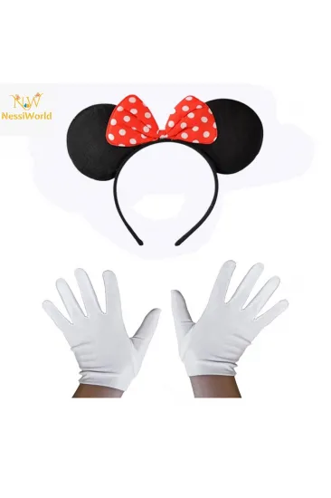 Kırmızı Fiyonklu Minnie Mouse Tacı ve Beyaz Eldiven Seti Kırmızı Fiyonklu Minnie Mouse Tacı ve Beyaz Eldiven Seti