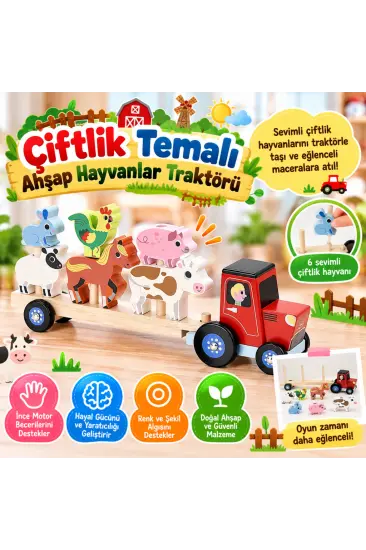 Çiftlik Temalı Ahşap Hayvanlar Traktörü Çiftlik Temalı Ahşap Hayvanlar Traktörü