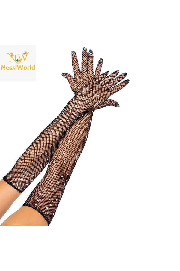 Siyah Renk İncili Elmas İşlemeli File Örgü Uzun Eldiven 45 cm Siyah Renk İncili Elmas İşlemeli File Örgü Uzun Eldiven 45 cm