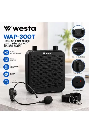 Westa Wap-300t Usb + Sd Kart Girişli Şarjlı Mini Seyyar Kablosuz Mikrofonlu Rehber Anfisi Westa Wap-300t Usb + Sd Kart Girişli Şarjlı Mini Seyyar Kablosuz Mikrofonlu Rehber Anfisi
