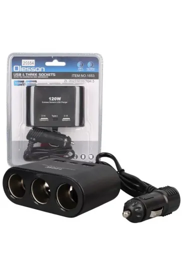 Olesson 1653 12-24v Çift Usb + Type-c Girişli 100w 70cm Kablolu 3'lü Araç Çakmak Çoklayıcı Olesson 1653 12-24v Çift Usb + Type-c Girişli 100w 70cm Kablolu 3'lü Araç Çakmak Çoklayıcı